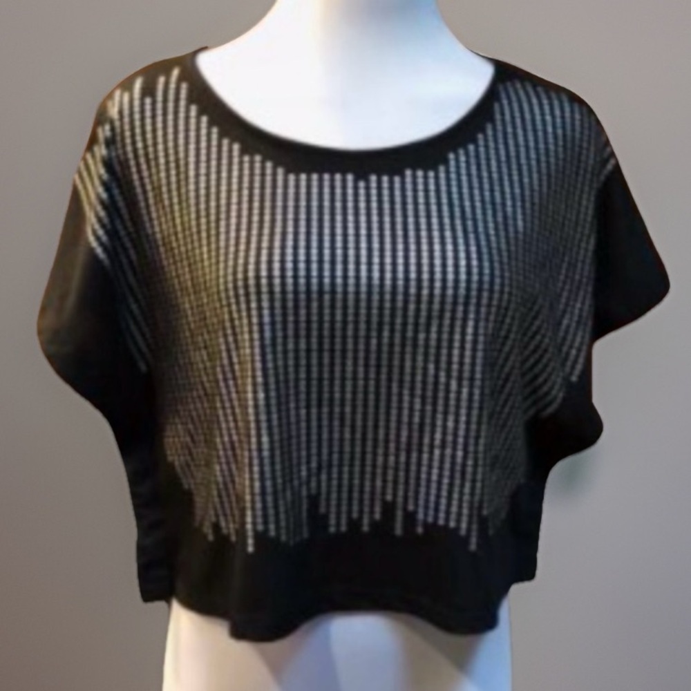 Black Stenciled Silver Circles Crop Butterfly Top